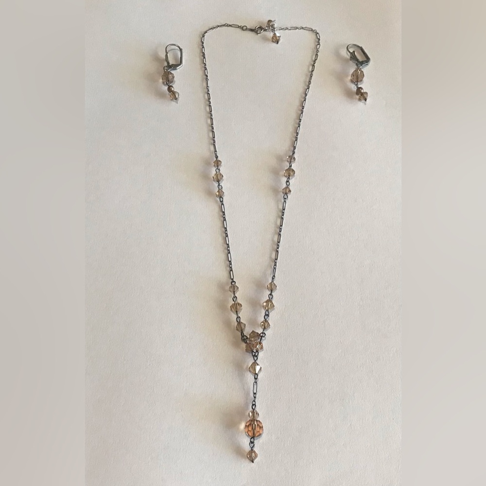 Vintage Li Li Clever Soft brown Swarovski crystal sterling necklace earring set